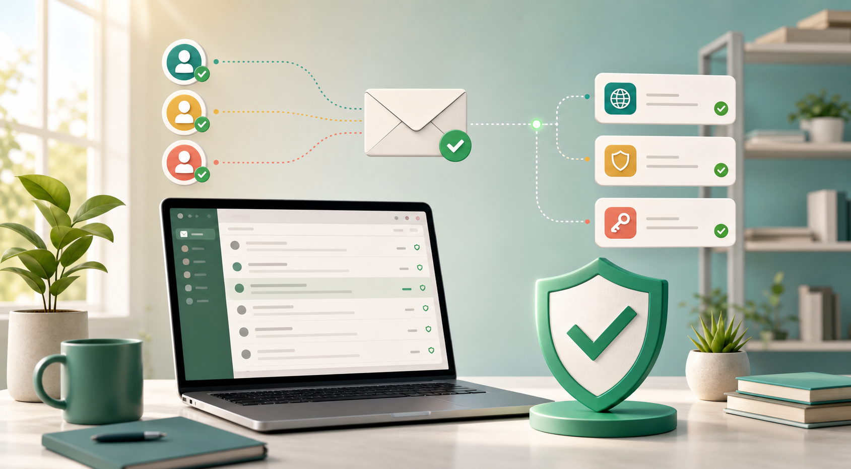 Illustration of verified email senders, protected inbox, and domain security controls